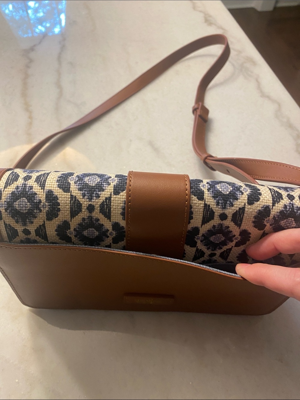 Spartina 449 Brown Leather-Trim Crossbody Bag with Blue raffia Pattern - Picture 8 of 13